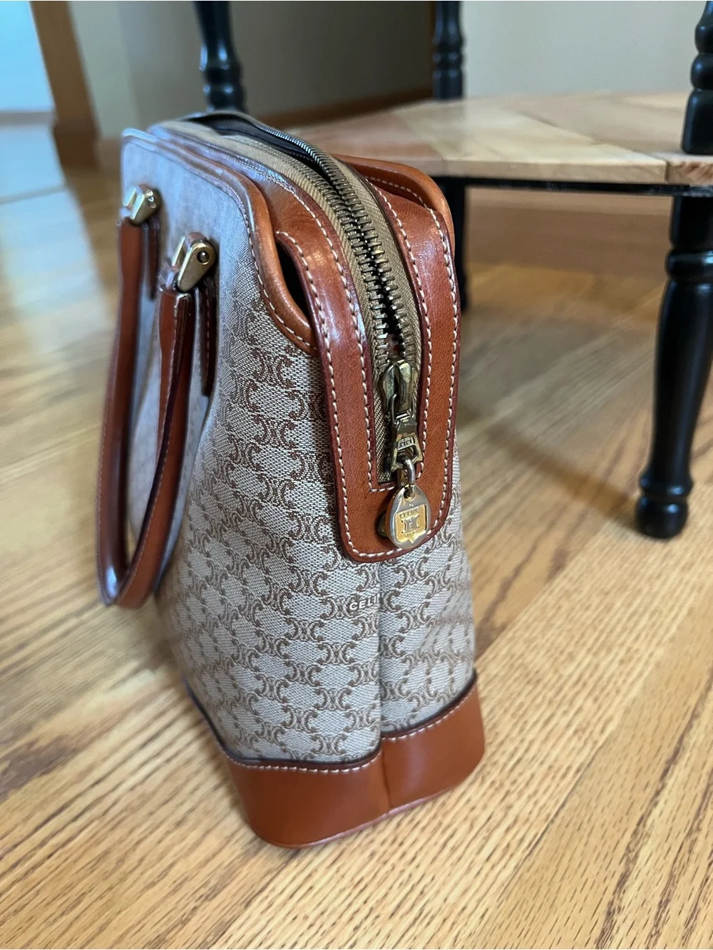 Celine Tan Brown Monogram Satchel with Leather Trim